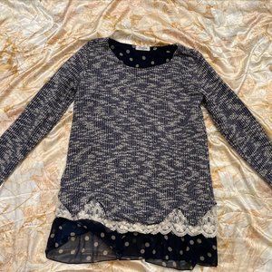 Binbinjieer Gray 3/4 Sleeve Knitted Sweater with Polka Dot and Floral Bottom
